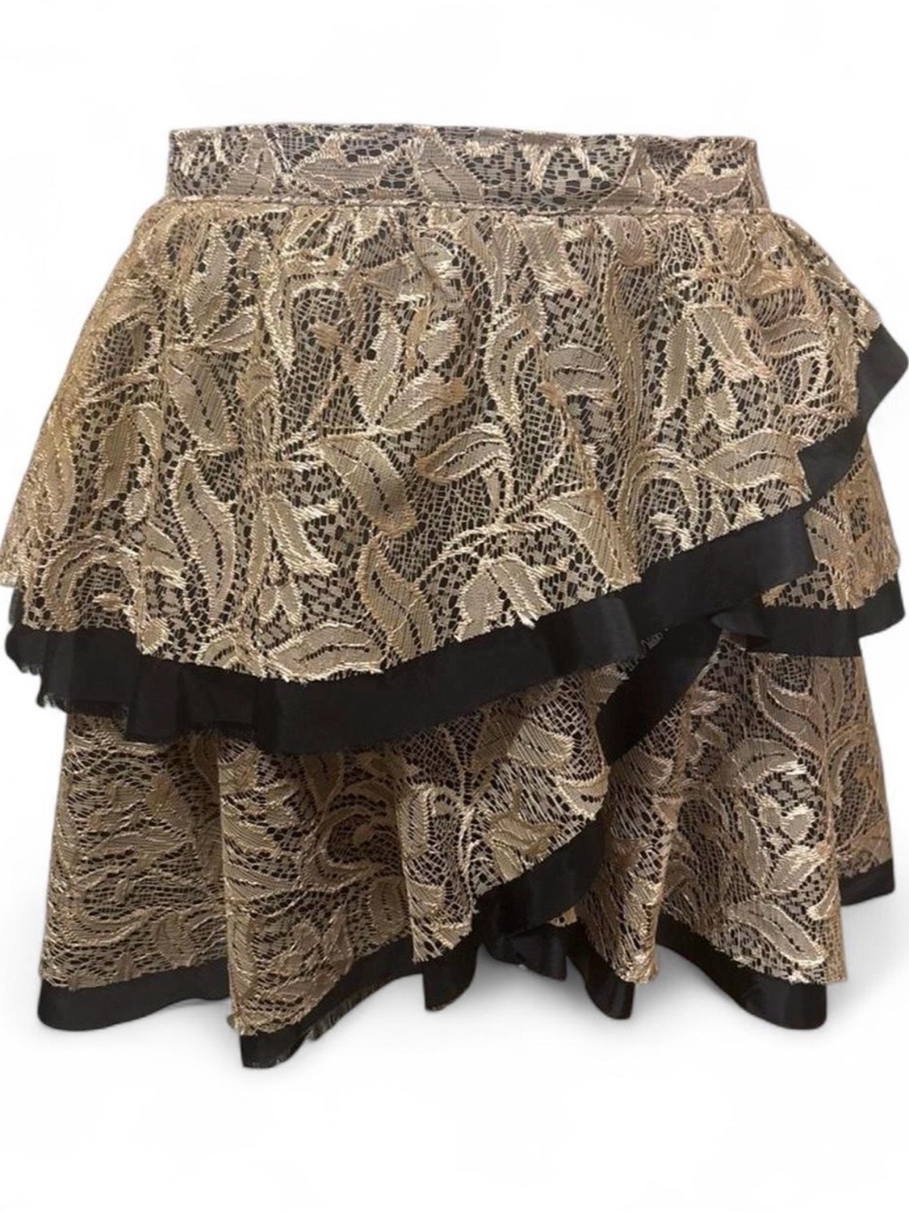 Deadstock Vintage Y2K Frenzii Black Gold Lace Layered Ruffle Skirt M coquette